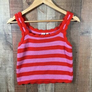 GAP Women Striped Knit Tank Top Red Pink Scalloped XS Feminine Girly Valentine